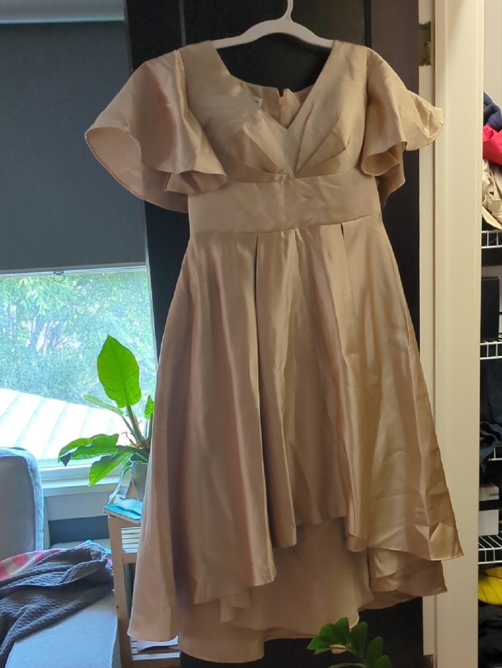 JJs House Champagne Satin High-Low V-Neck Dress - Picture 3 of 6